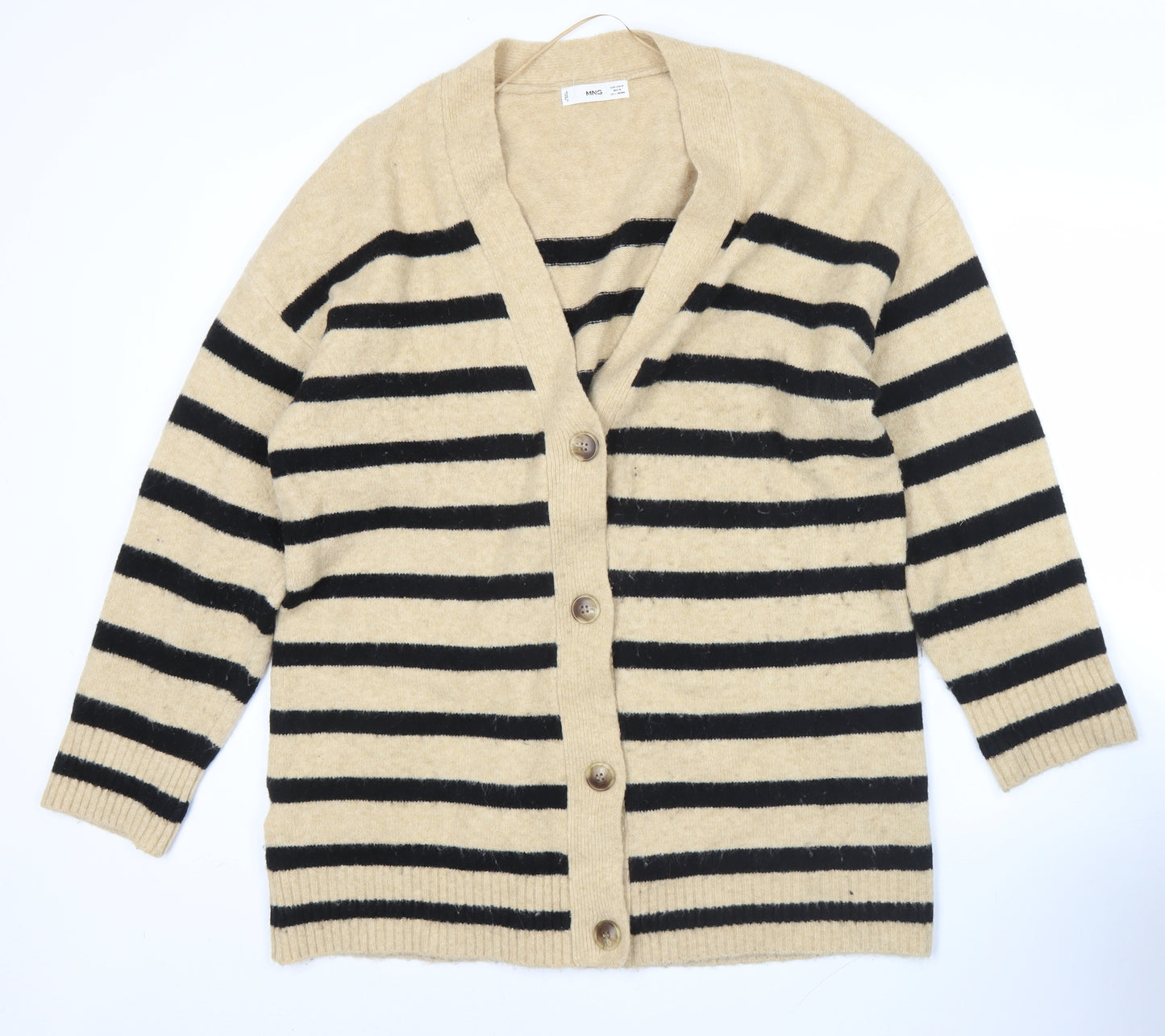 MNG Womens Beige Black Striped V-Neck Button Cardigan Size M