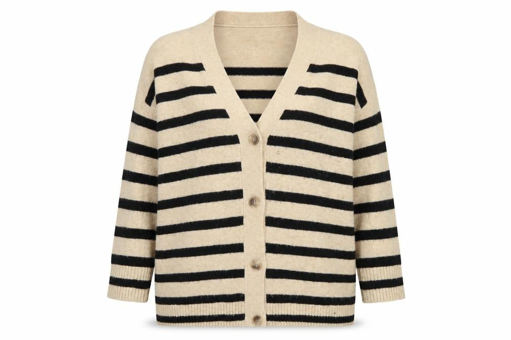 Front view of Mango women’s beige black striped v-neck button cardigan, size M