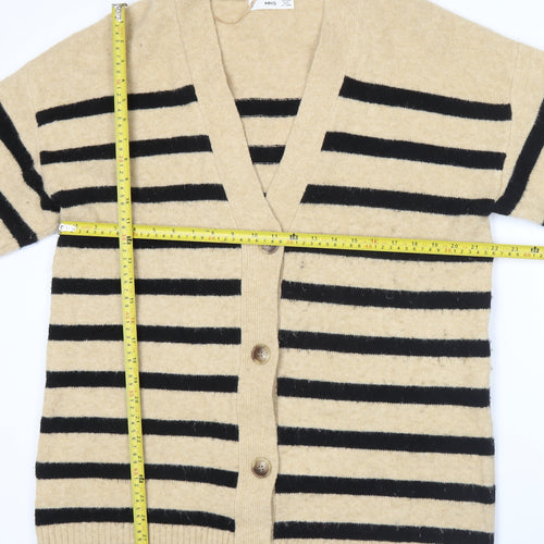 MNG Womens Beige Black Striped V-Neck Button Cardigan Size M