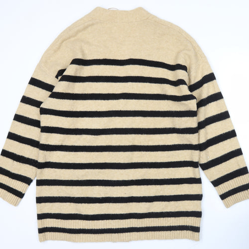 MNG Womens Beige Black Striped V-Neck Button Cardigan Size M
