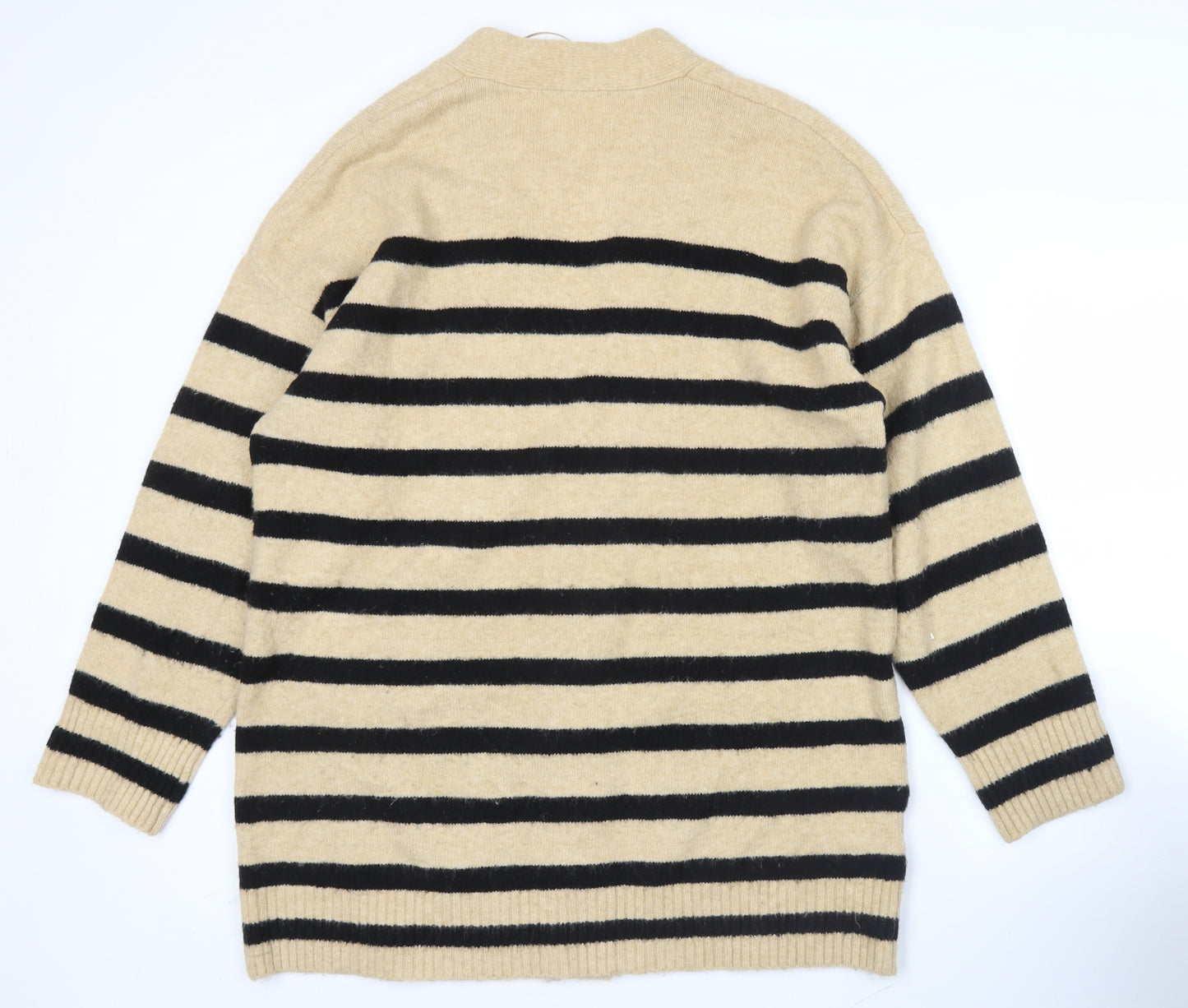 MNG Womens Beige Black Striped V-Neck Button Cardigan Size M