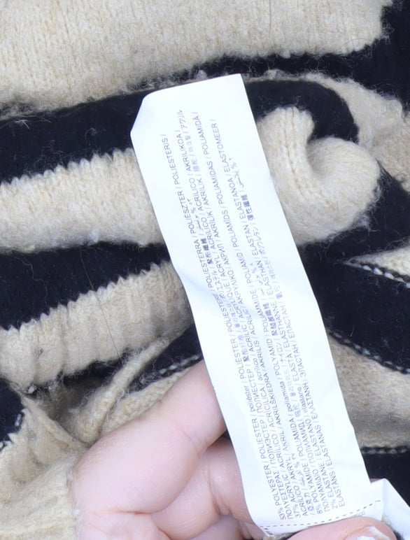 MNG Womens Beige Black Striped V-Neck Button Cardigan Size M