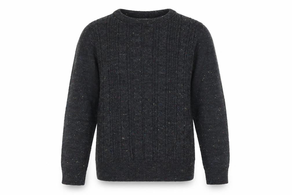 Front view of Stag and Hart men’s grey cable knit acrylic jumper, size S