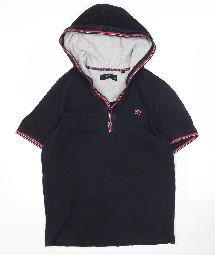 Next Women’s Black Polo Hoodie Top Size M Short Sleeve Cotton
