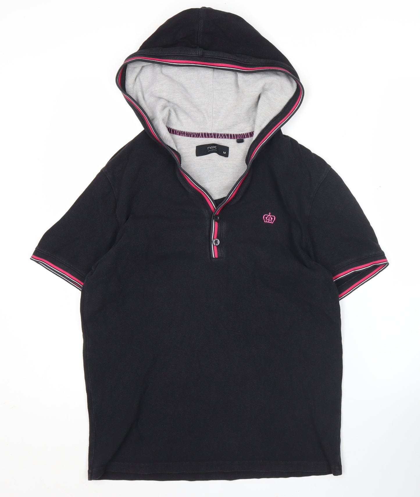 Next Women’s Black Polo Hoodie Top Size M Short Sleeve Cotton