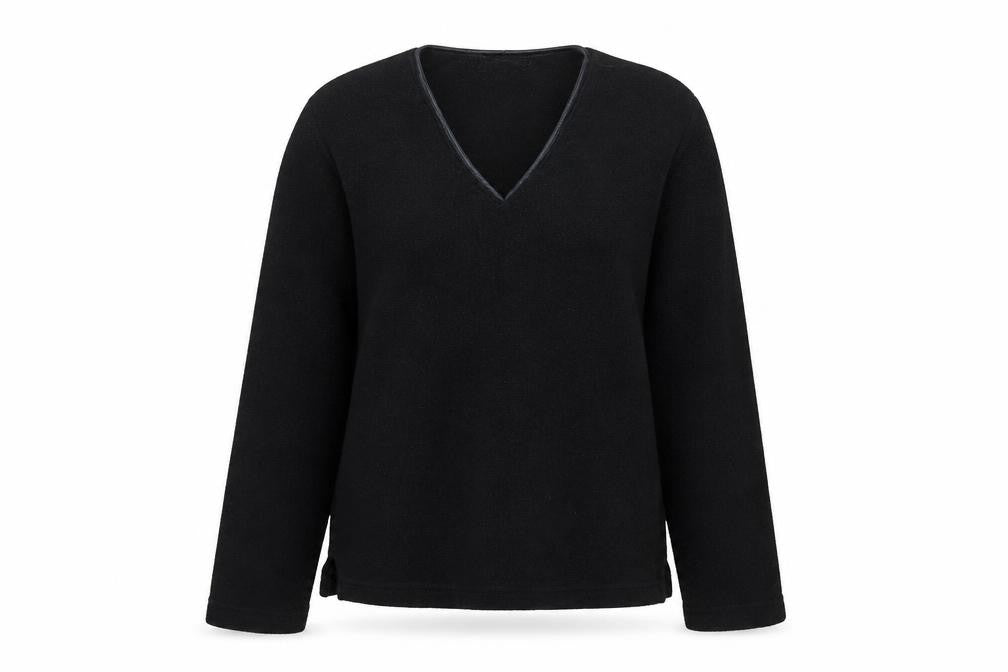 Front view of Debbie Morgan women’s black v-neck pullover sweatshirt, size M
