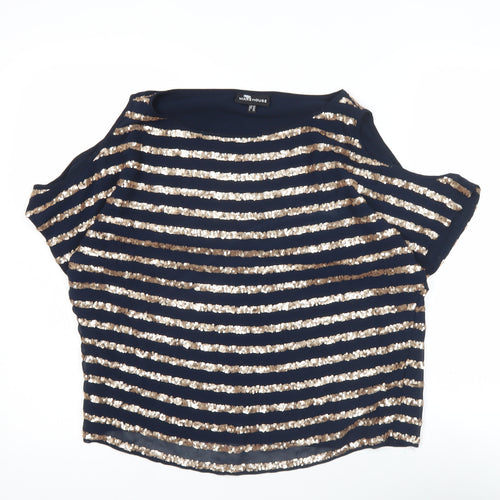 Warehouse Women’s Blue Sequin Striped Cold Shoulder Blouse UK 10