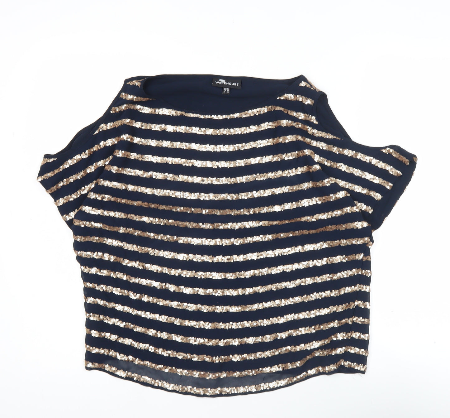 Warehouse Women’s Blue Sequin Striped Cold Shoulder Blouse UK 10