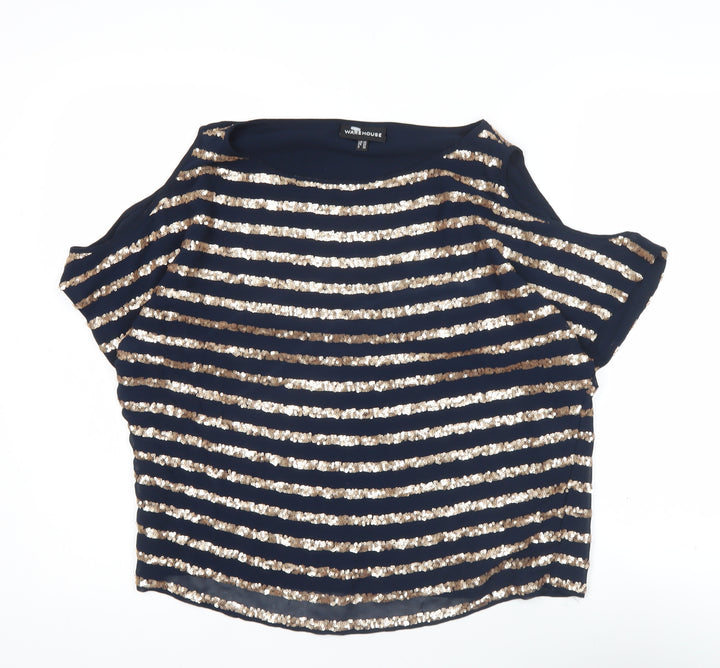 Warehouse Women’s Blue Sequin Striped Cold Shoulder Blouse UK 10