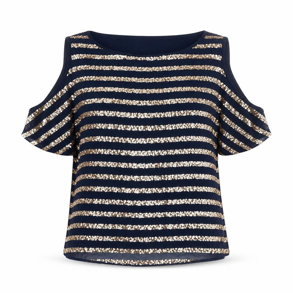 Front view of Warehouse Women’s Blue Sequin Striped Cold Shoulder Blouse UK 10