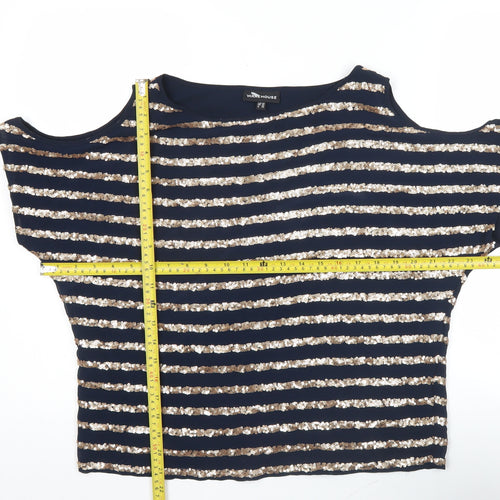 Warehouse Women’s Blue Sequin Striped Cold Shoulder Blouse UK 10