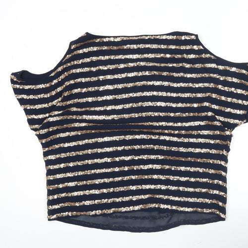 Warehouse Women’s Blue Sequin Striped Cold Shoulder Blouse UK 10
