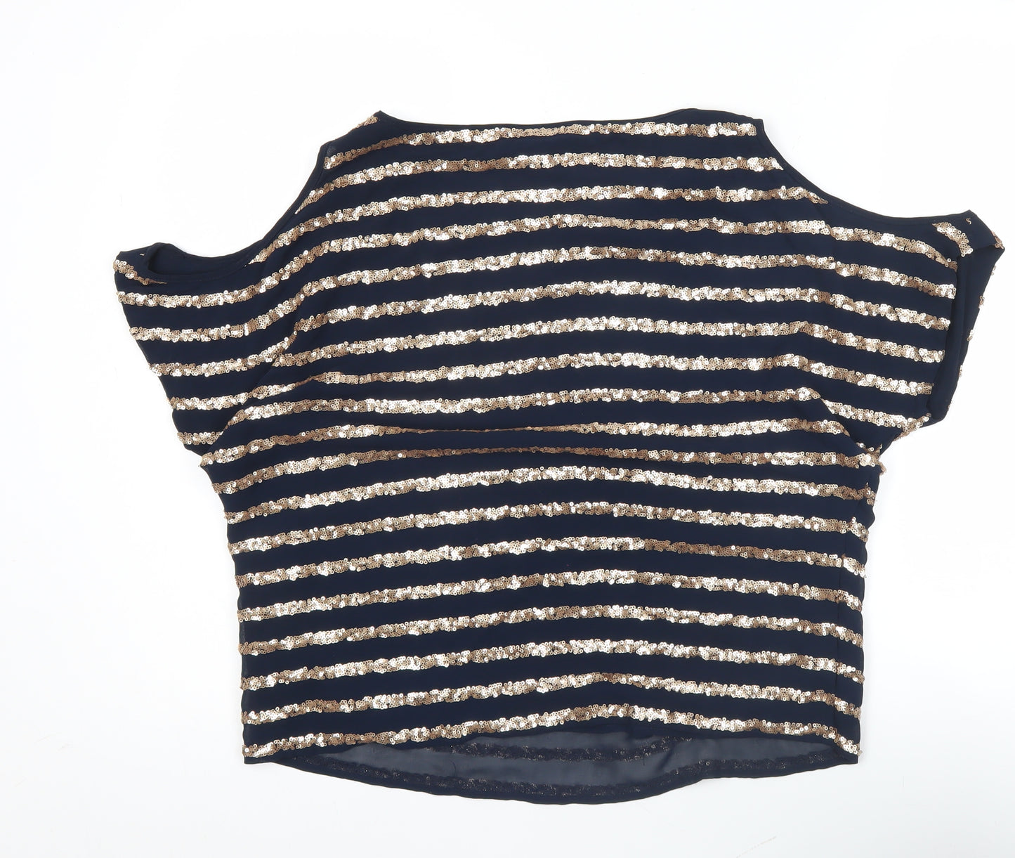 Warehouse Women’s Blue Sequin Striped Cold Shoulder Blouse UK 10