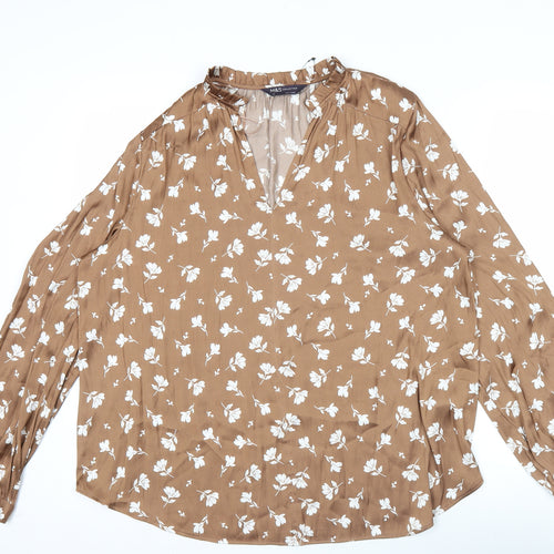Marks and Spencer Women’s Brown Floral Blouse Size 14 V-Neck Tunic Top