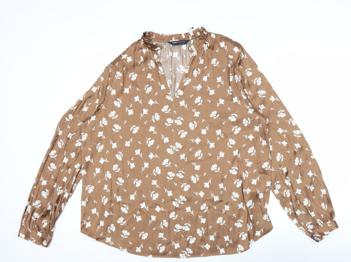 Marks and Spencer Women’s Brown Floral Blouse Size 14 V-Neck Tunic Top
