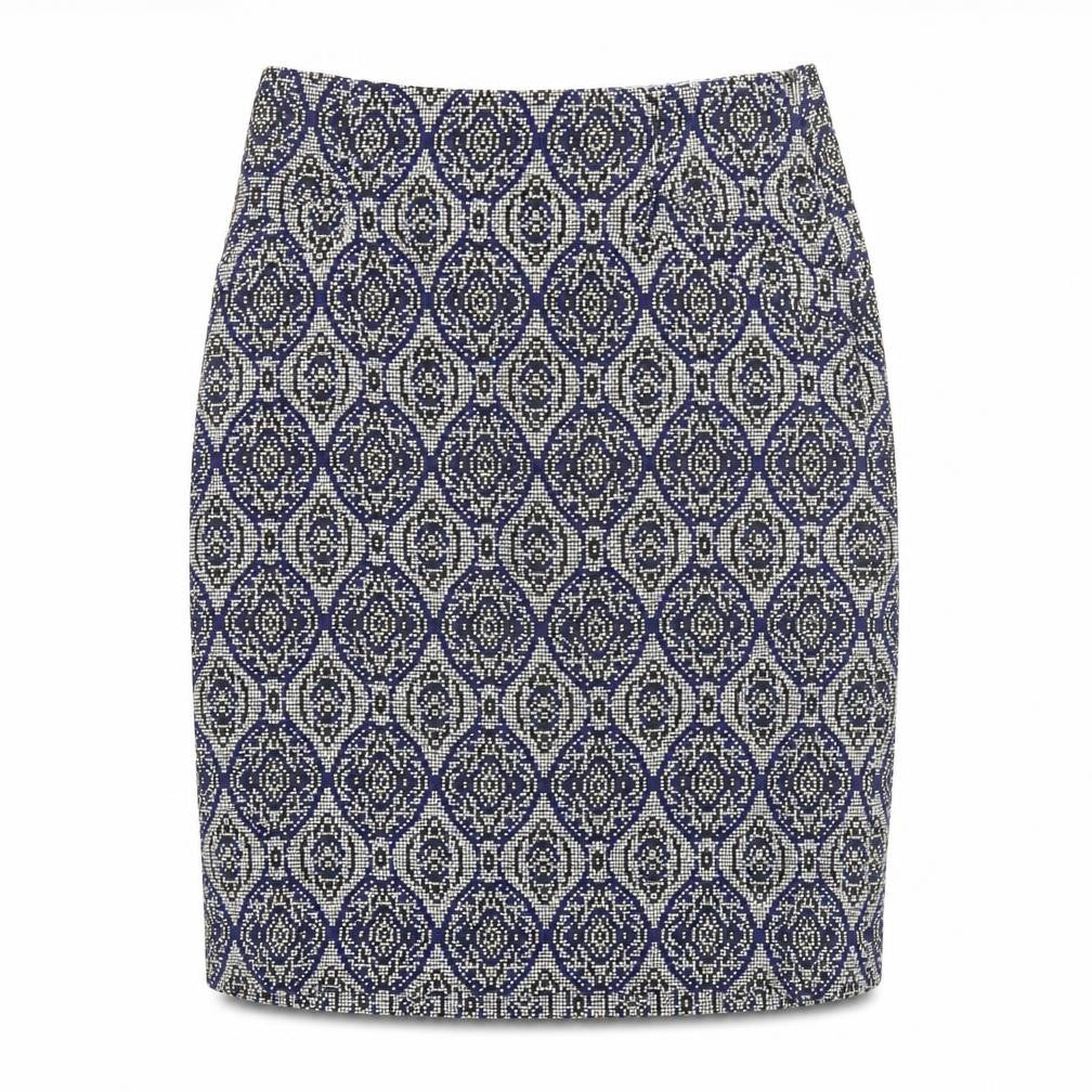 Front view of White Stuff Women’s Blue Geometric Pencil Skirt, size UK 8