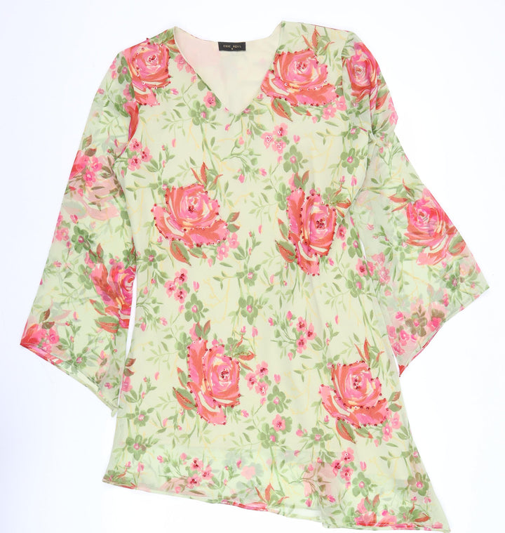 Chic Soul Women’s Multicoloured Floral Shift Dress Size S V-Neck Long Sleeve