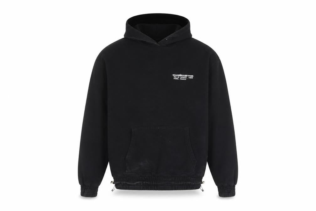 Front view of Manière De Voir Men's Black Pullover Hoodie M Logo Graphic