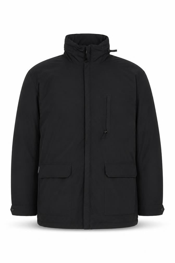 Front view of Dannimac Men's Black Polyester Parka Jacket, size S, Hooded