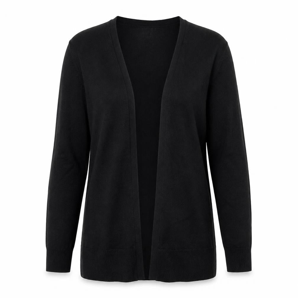 Front view of Amazon Essentials women’s black m knit cardigan v-neck long sleeve