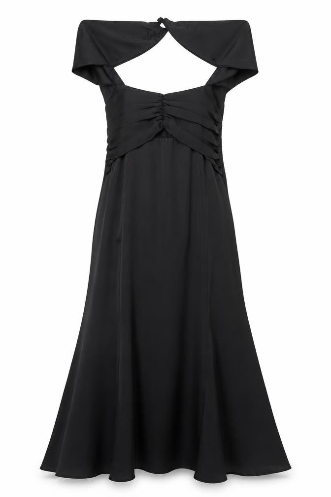 Front view of PRETTYLITTLETHING women’s black halter a-line dress, size UK 12