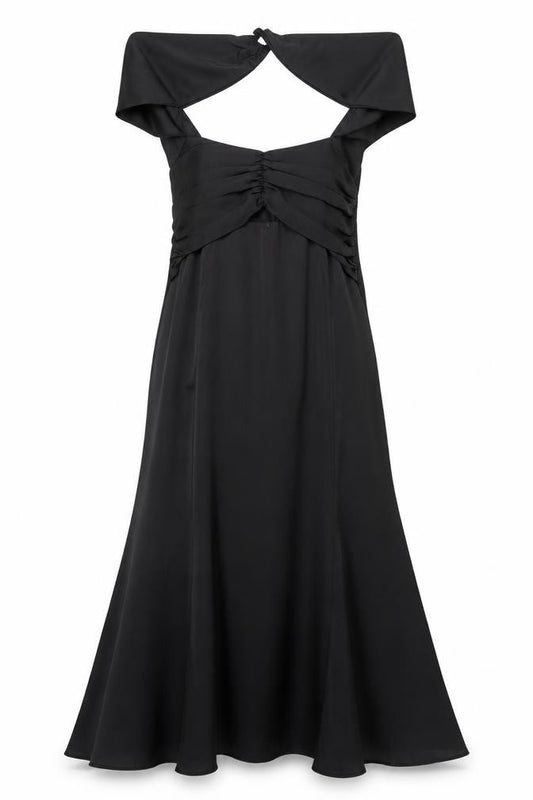 Front view of PRETTYLITTLETHING women’s black halter a-line dress, size UK 12