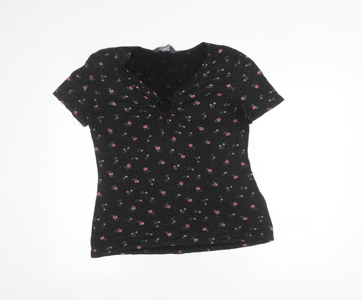 Dorothy Perkins Women’s Black Floral V-Neck Short Sleeve T-Shirt Size 14