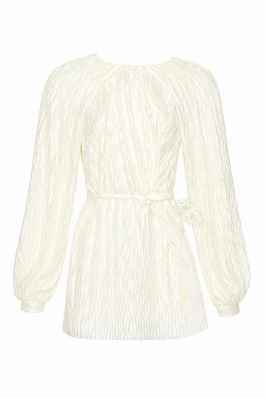 Front view of River Island Women’s Ivory Wrap Blouse, size UK 8, Belted Long Sleeve