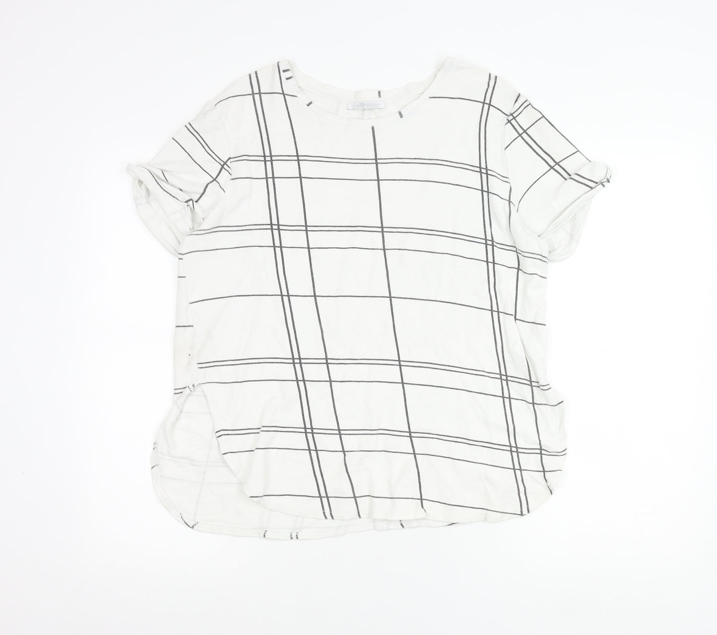 Zara Women White Check T-Shirt Size 12 Short Sleeve Cotton