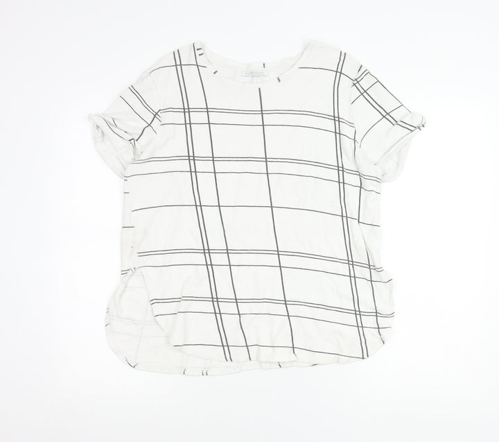 Zara Women White Check T-Shirt Size 12 Short Sleeve Cotton