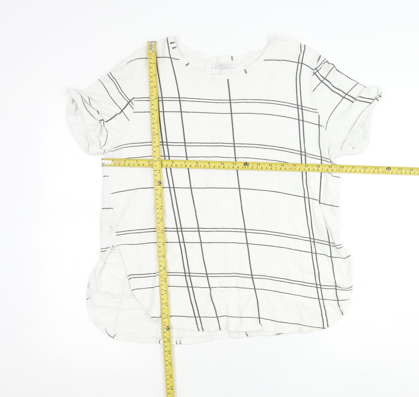 Zara Women White Check T-Shirt Size 12 Short Sleeve Cotton
