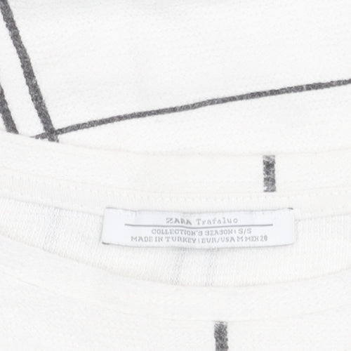 Zara Women White Check T-Shirt Size 12 Short Sleeve Cotton