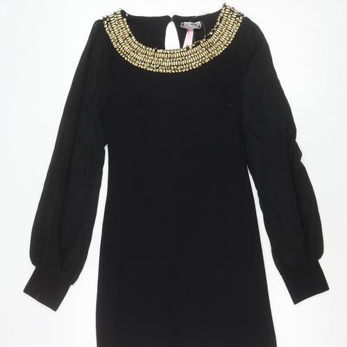 Lipsy Women Black Size 10 Beaded Long Sleeve Shift Dress