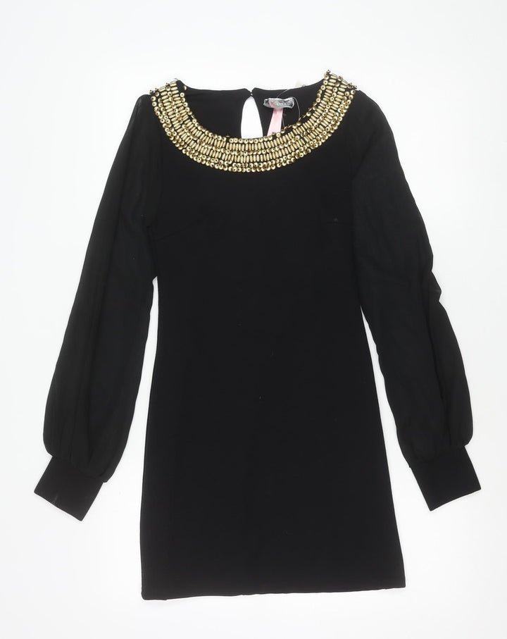 Lipsy Women Black Size 10 Beaded Long Sleeve Shift Dress