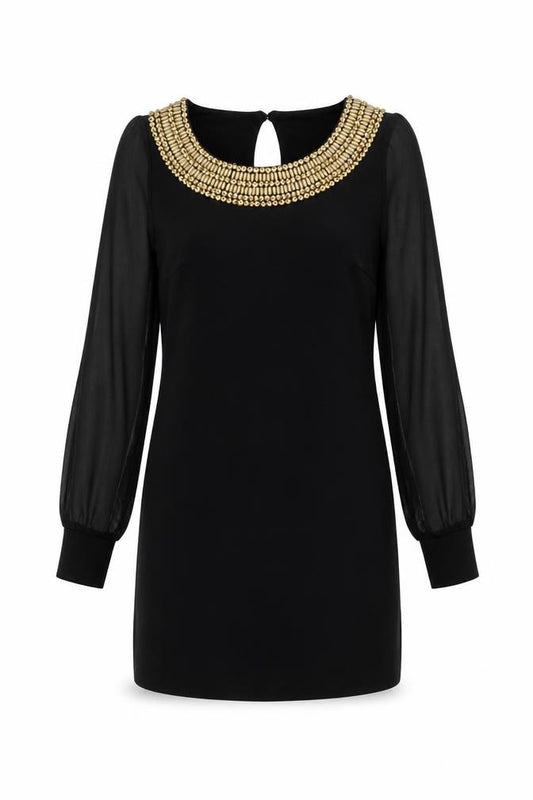 Front view of Lipsy Women Black, size 10, Beaded Long Sleeve Shift Dress