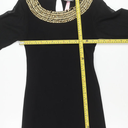 Lipsy Women Black Size 10 Beaded Long Sleeve Shift Dress