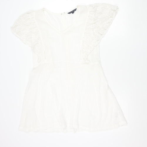 French Connection Women White Cotton A-Line Dress M Short Sleeve V-Neck