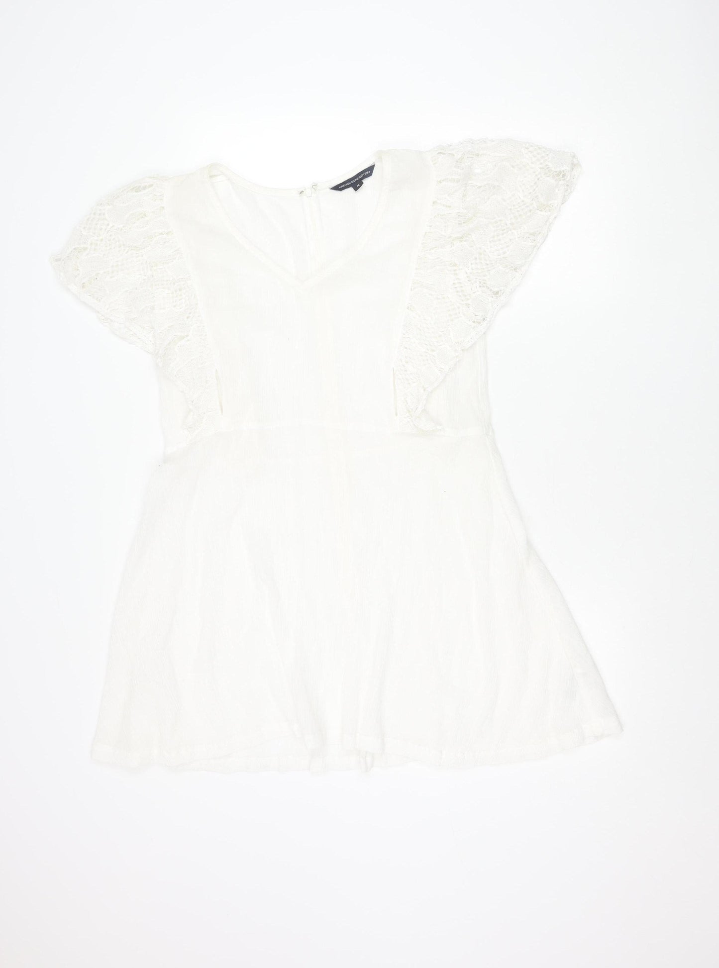 French Connection Women White Cotton A-Line Dress M Short Sleeve V-Neck