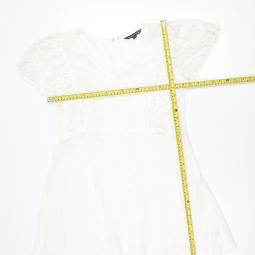 French Connection Women White Cotton A-Line Dress M Short Sleeve V-Neck