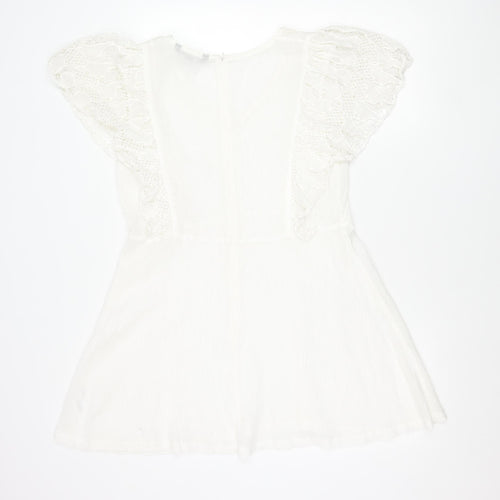 French Connection Women White Cotton A-Line Dress M Short Sleeve V-Neck
