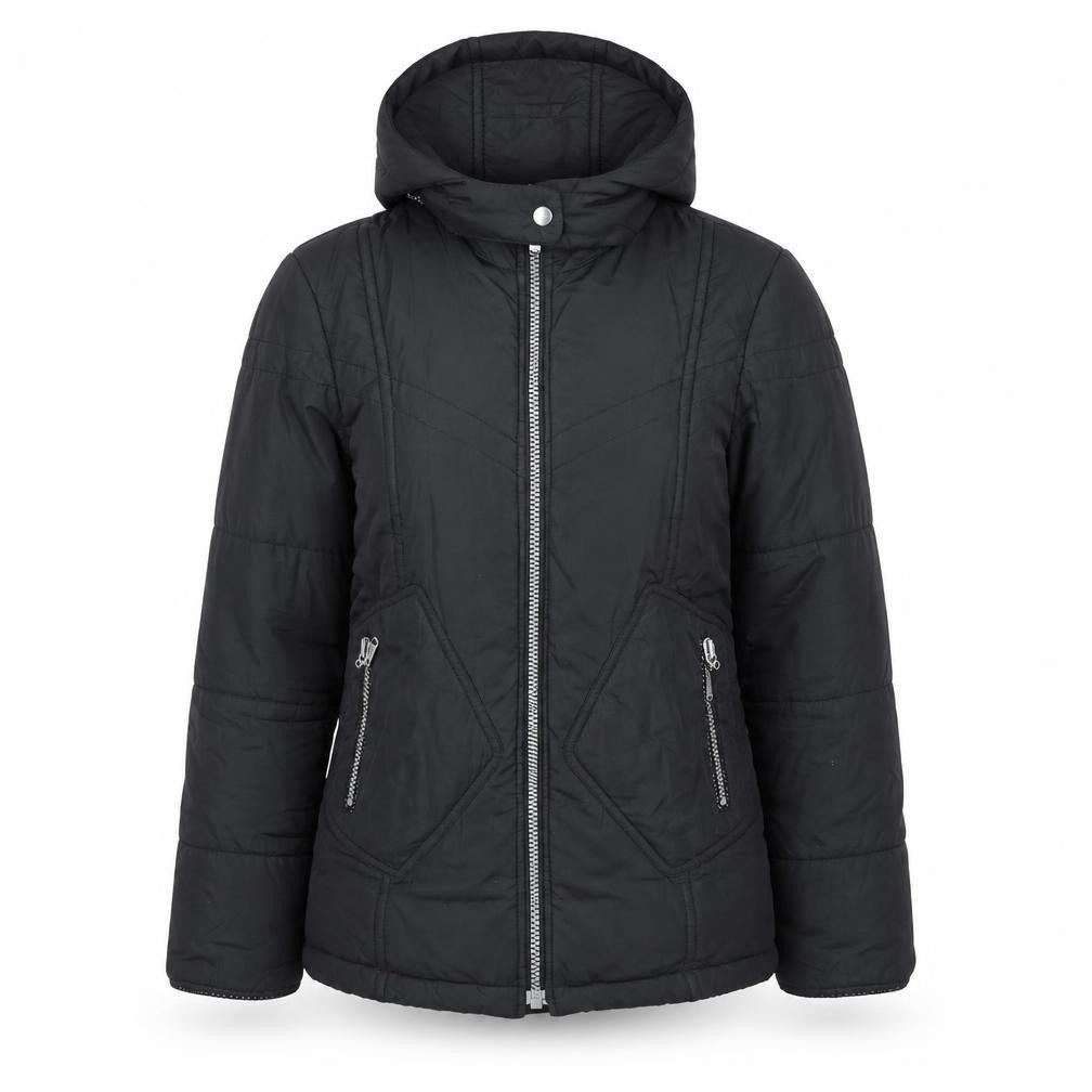 Front view of Mexx women’s black, size UK 8, mid-length hooded puffer jacket