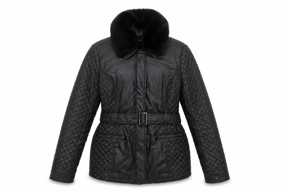 Front view of Oasis Women’s Black Quilted Mid-Length Belted Jacket S