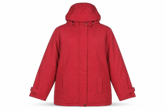 Front view of Bonmarché Women’s Red Hooded Puffer Jacket, size M, Mid-Length Polyester