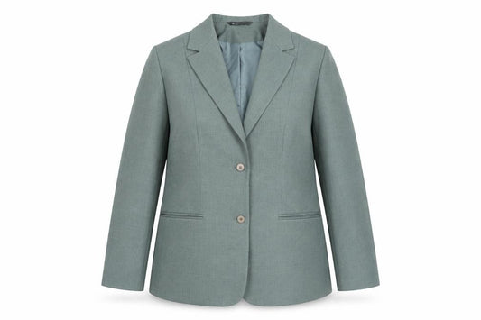 Front view of BHS women’s grey, size UK 18, notch lapel two-button blazer jacket