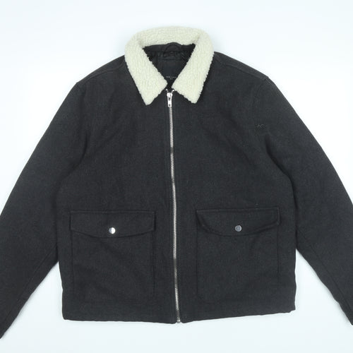 New Look Men Black L Bomber Jacket Wool Blend Faux Shearling Collar