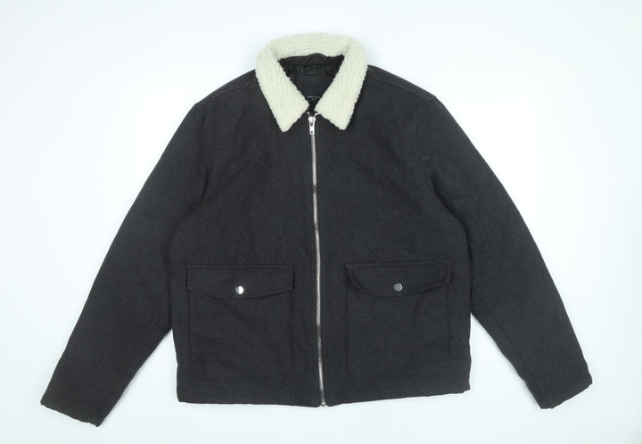 New Look Men Black L Bomber Jacket Wool Blend Faux Shearling Collar