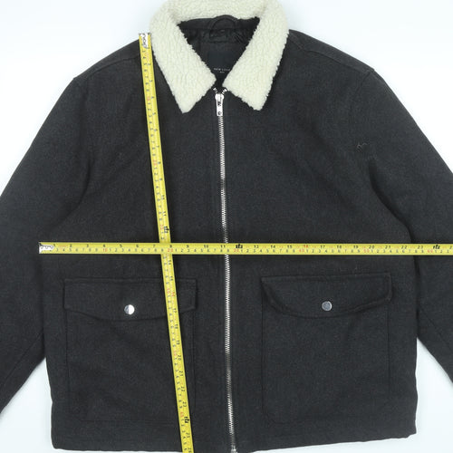 New Look Men Black L Bomber Jacket Wool Blend Faux Shearling Collar