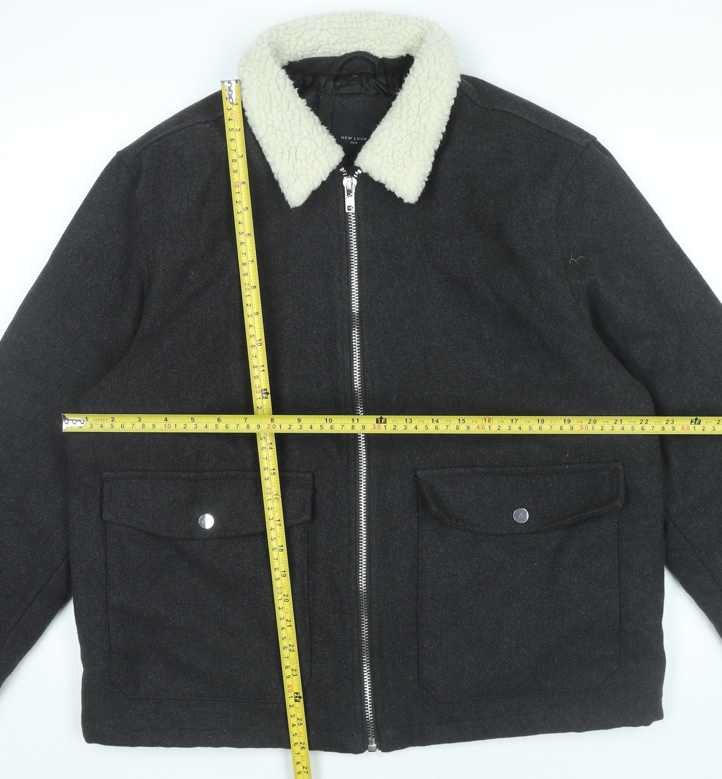 New Look Men Black L Bomber Jacket Wool Blend Faux Shearling Collar