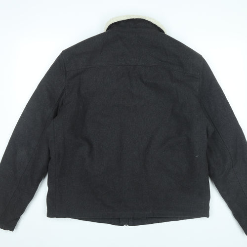 New Look Men Black L Bomber Jacket Wool Blend Faux Shearling Collar