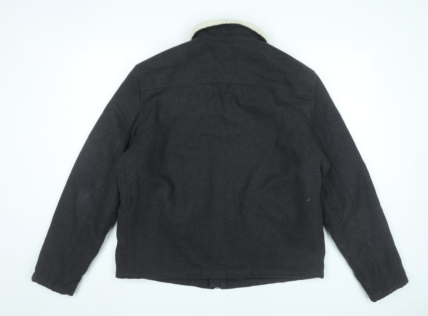 New Look Men Black L Bomber Jacket Wool Blend Faux Shearling Collar